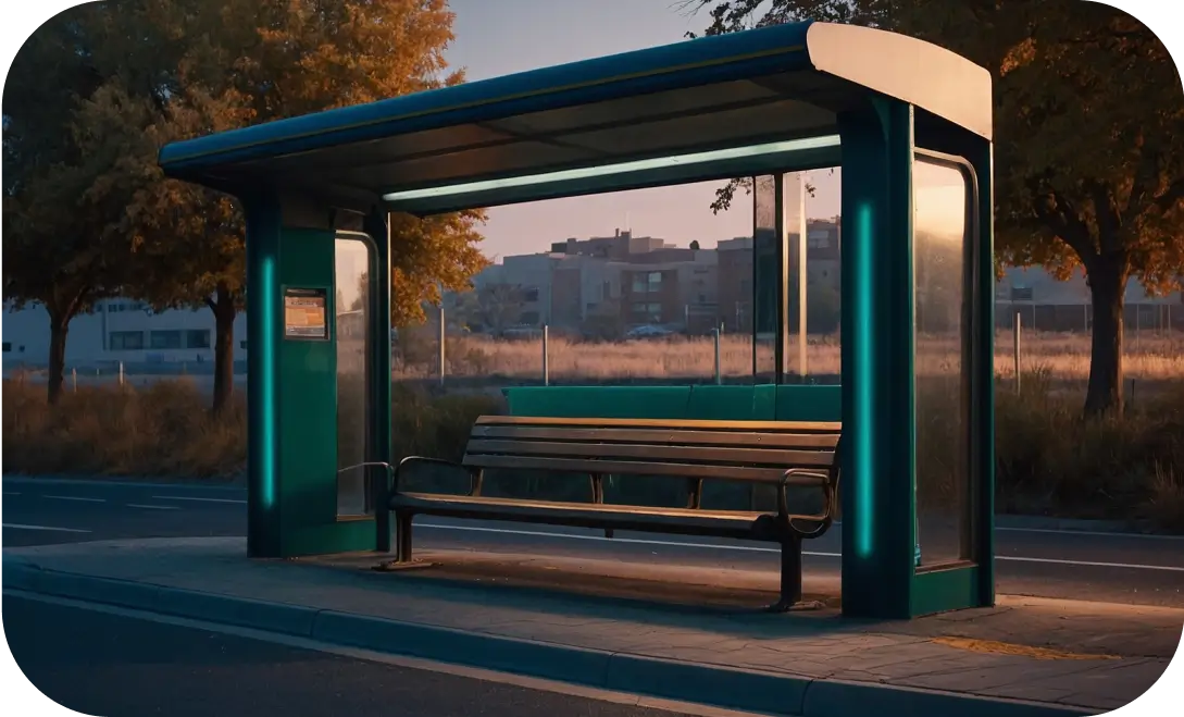 Smart bus shelter featuring digital display screens and comfortable seating.