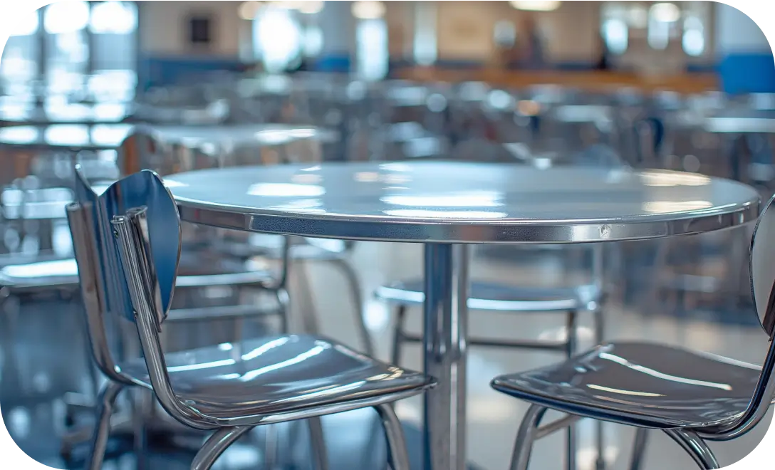 Round canteen table with adjustable height, designed for office break rooms and collaborative spaces.