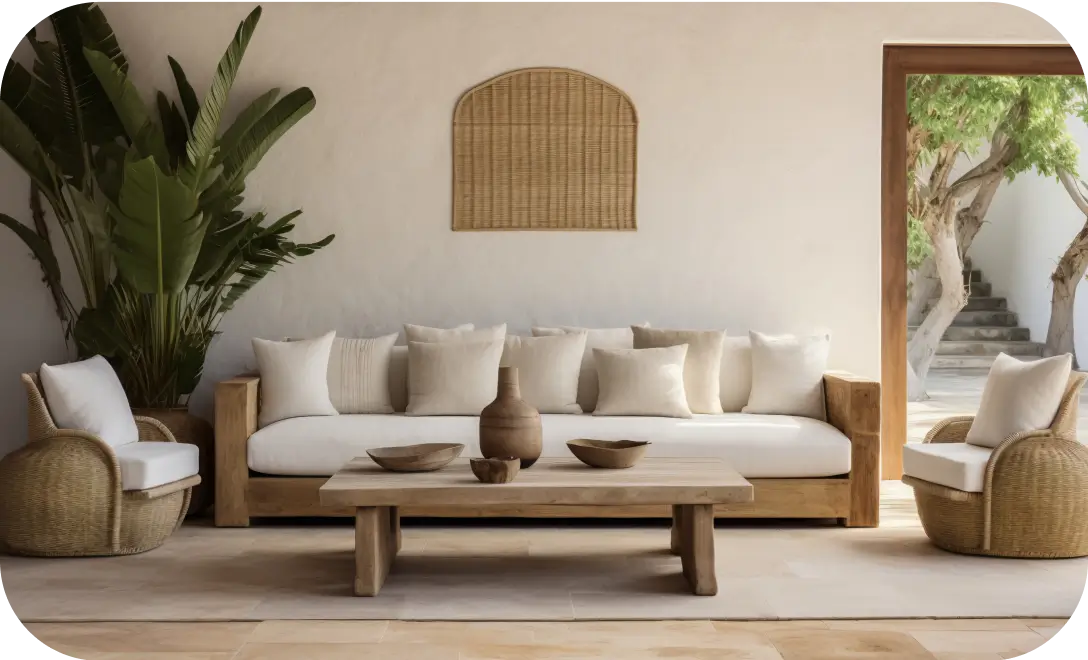 Outdoor wicker seating arrangement with cozy cushions, perfect for garden lounges.