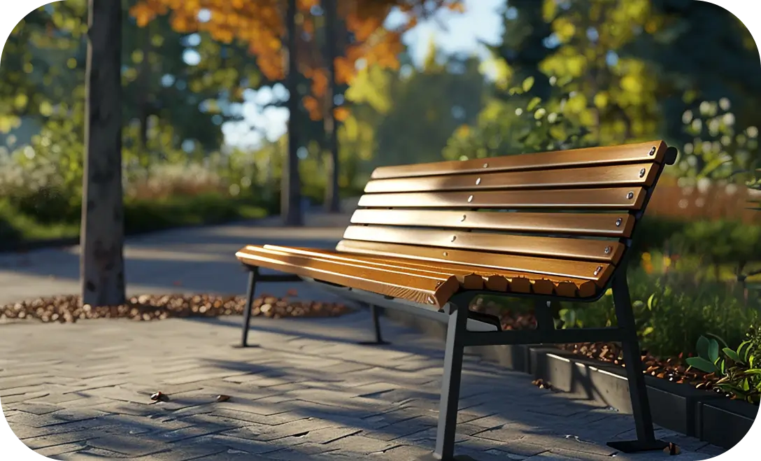 Durable park bench placed in a bustling public square, combining practical design with aesthetic appeal.