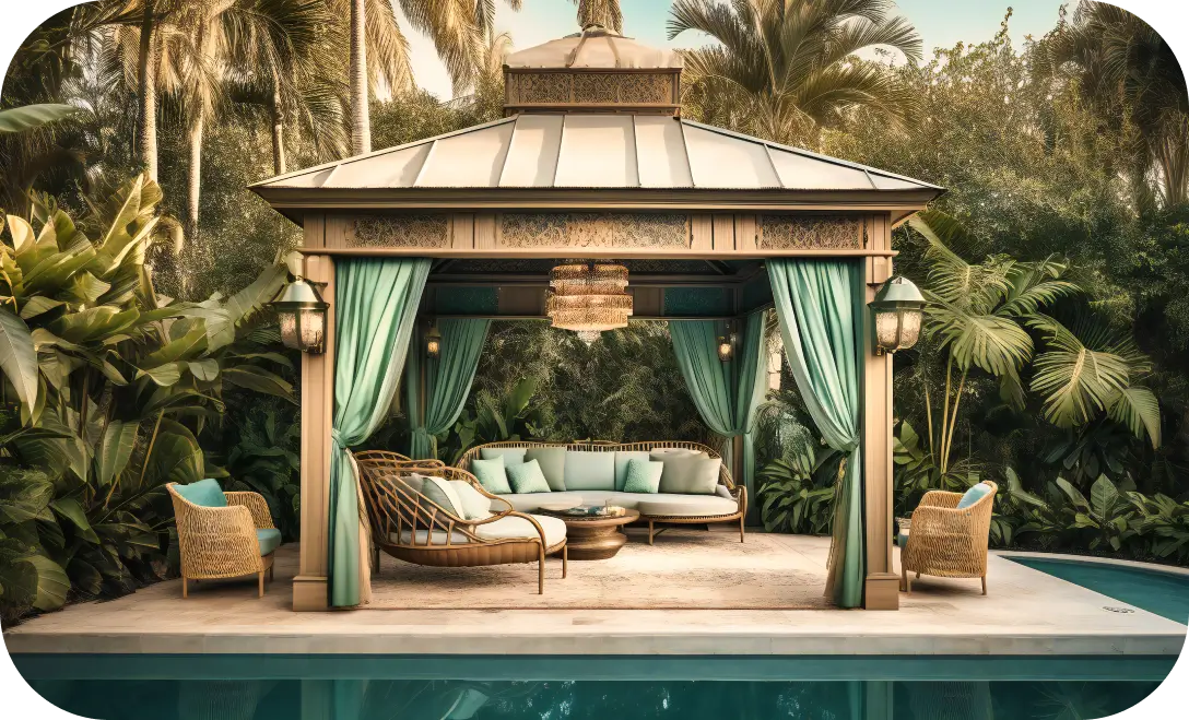 Luxury cabana by the pool for sale, featuring plush seating and stylish design