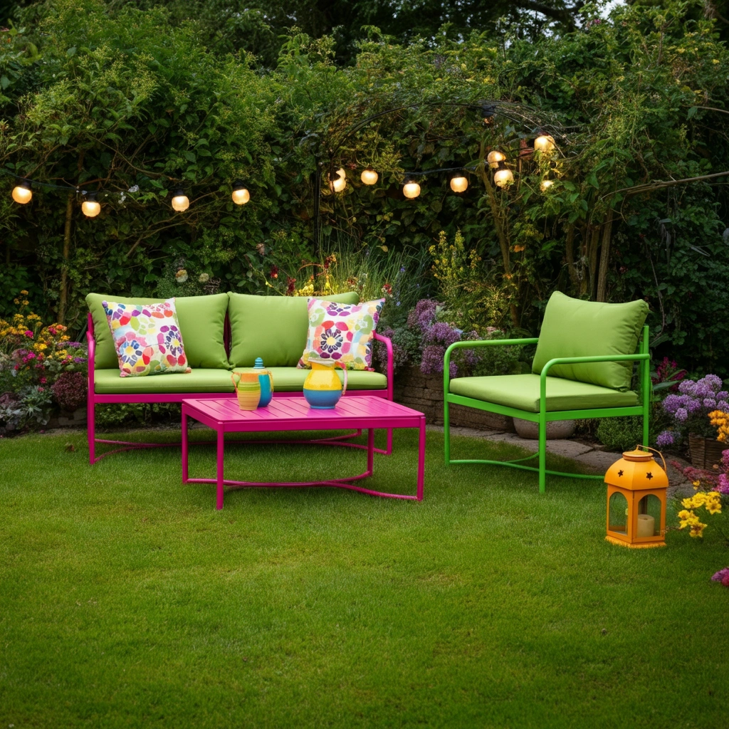 Patio furniture options in a vibrant garden