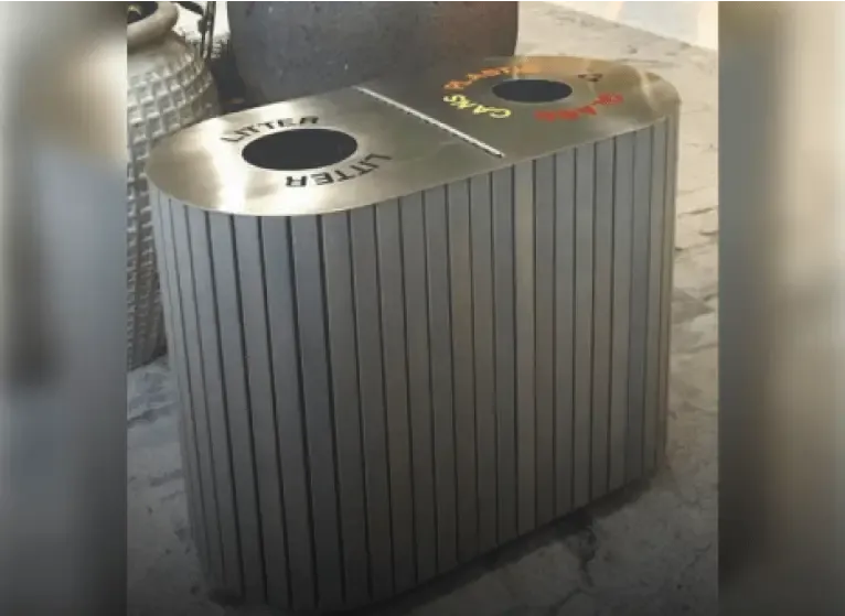 Modern dual-compartment airport dustbin for litter and cans, designed for clean and safe airport terminals by UrbanLandProducts, a leading Airport Dustbin Manufacturer in India.