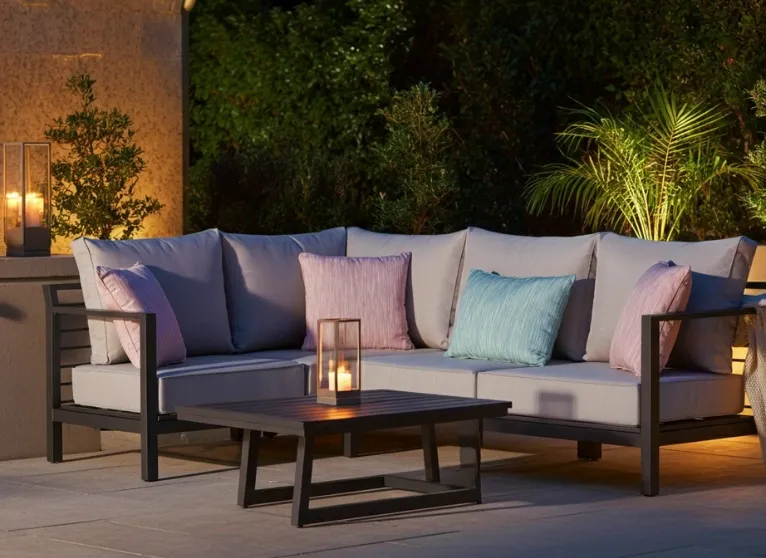 Luxury outdoor furniture for villa with modern sofa set and soft lighting by Urbanland Products