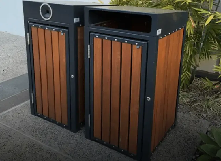 Modern street dustbin with wooden finish by Street Dustbin Manufacturer in India – UrbanLand Products