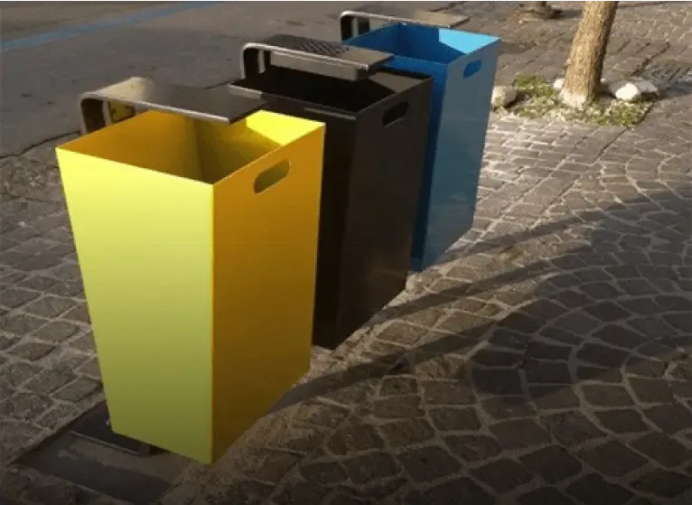 Color-coded rectangular street dustbins in yellow, black, and blue by Street Dustbin Manufacturer in India – UrbanLand Products.