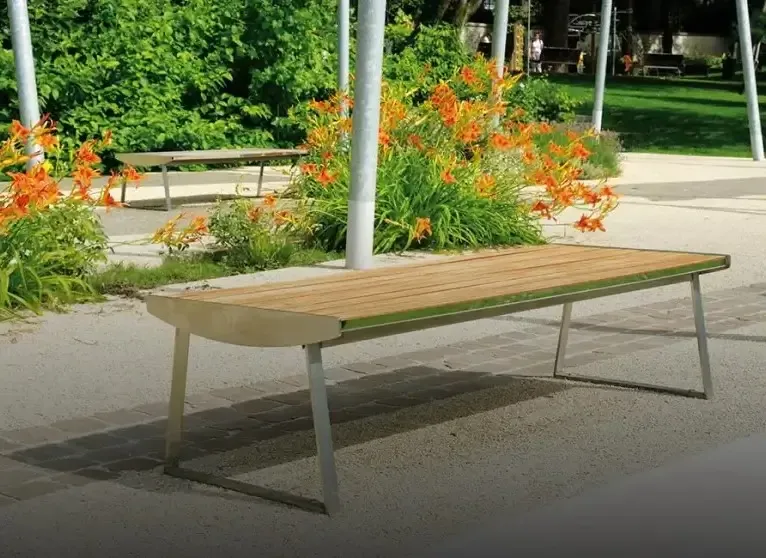 Weather proof outdoor Furniture wood-and-metal park bench with hardwood slats and powder-coated frame | Urbanland Products