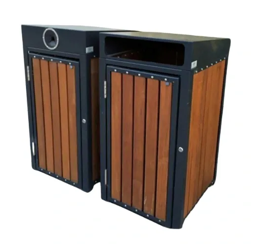 Outdoor Dustbins Manufacturers in India – Twin wooden finish outdoor dustbins for waste segregation by Urban Land Products.